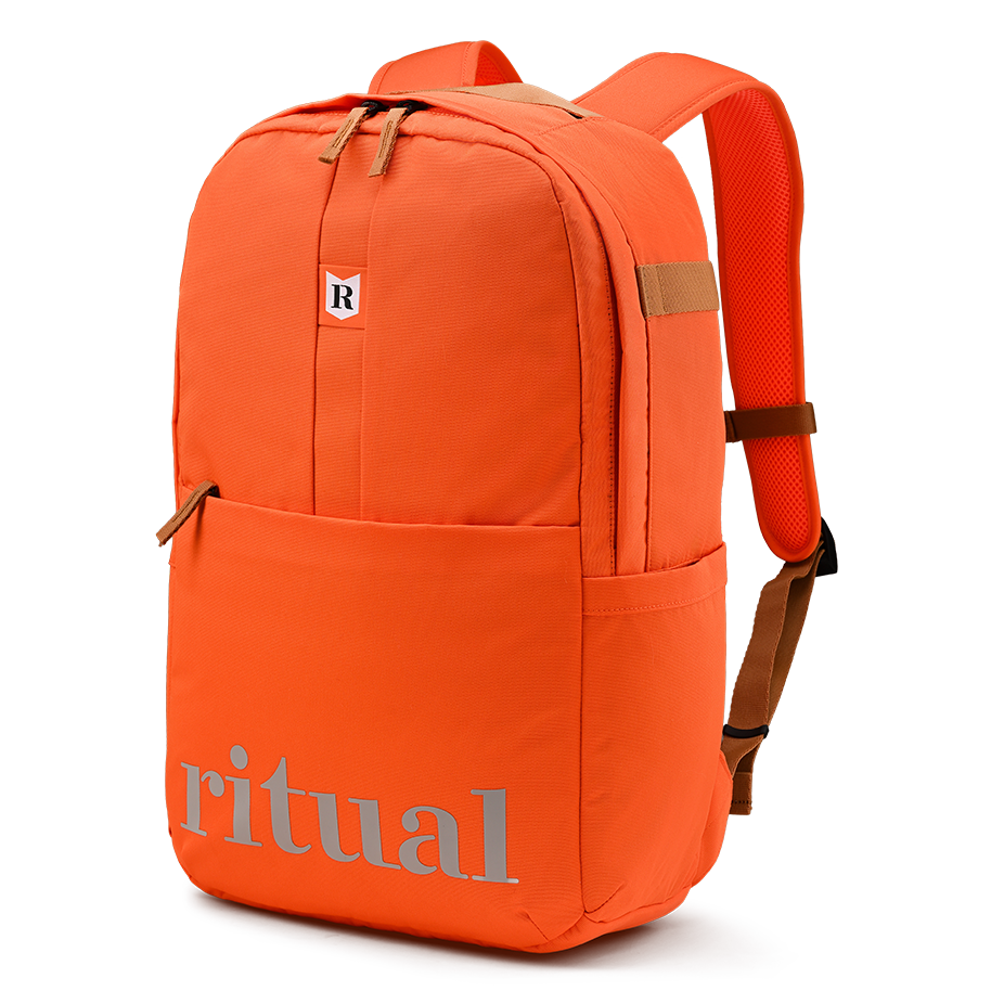 Ritual Hockey orange covert backpack with silver stripes and strpas, front and  right-side view
