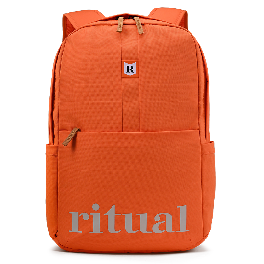 Ritual Hockey orange covert backpack with silver stripes, front view