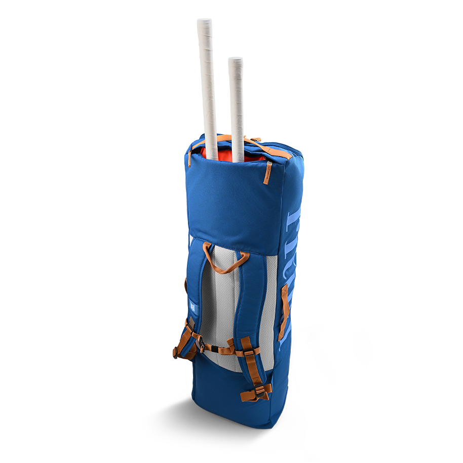 Ritual Mission combo hockey bag blue with sticks, top view