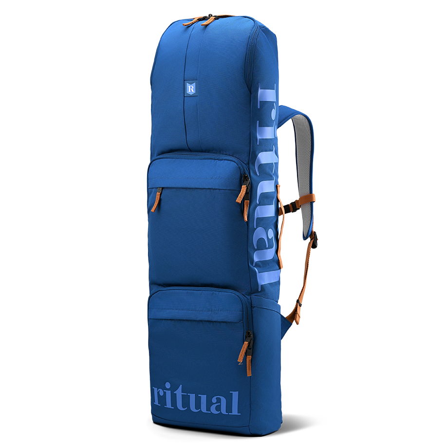Ritual Mission combo hockey bag blue with branding, front and right side view